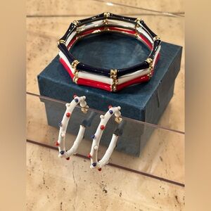 🆕 3 enamel bracelets in red, white, & blue with enameled hoop earrings to match